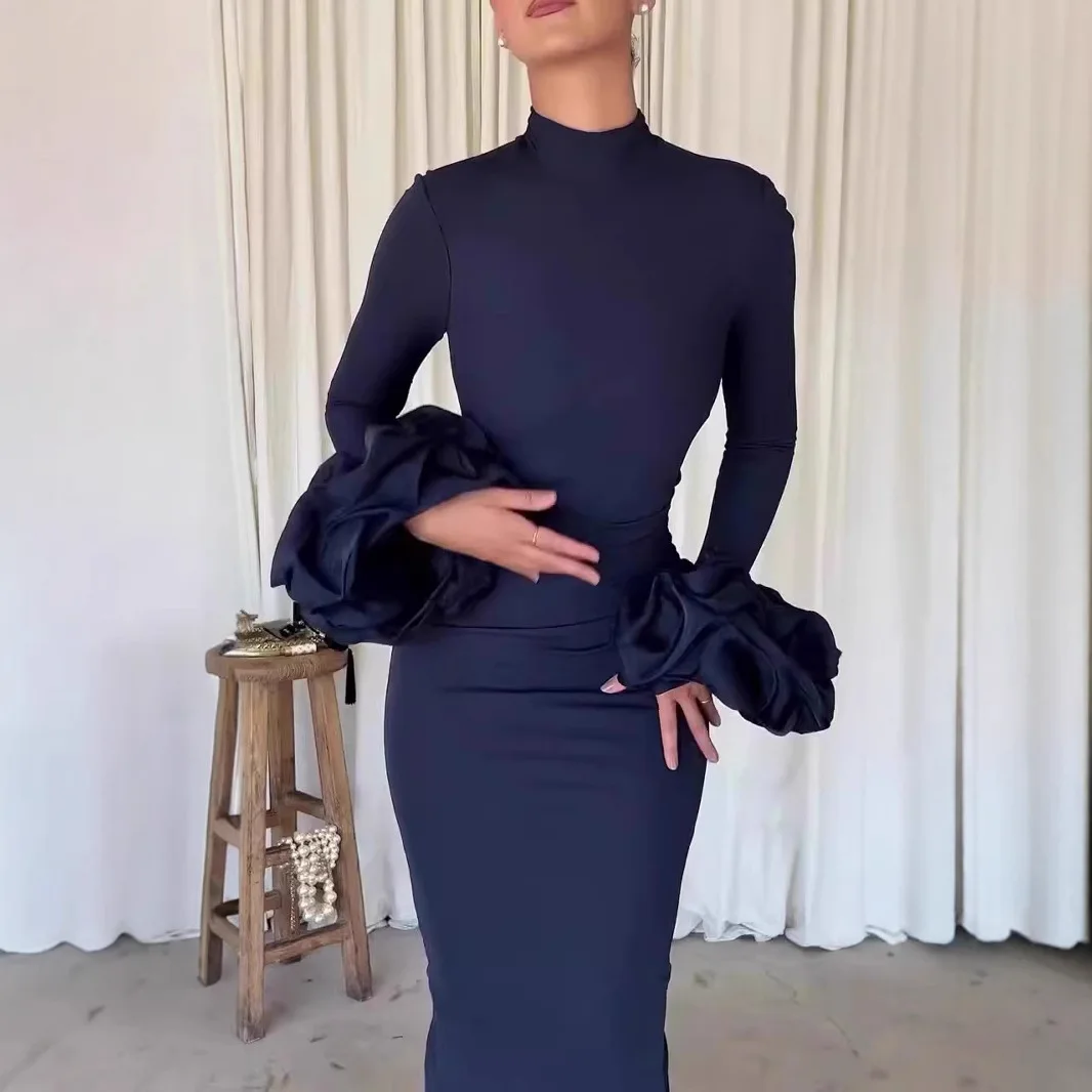

Elegant Long Sleeve Slit Dress for Women in European and American Style for Spring Banquets and Parties