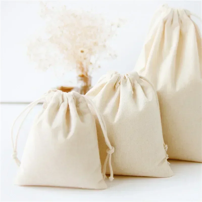 Cotton and Linen Cloth Bag Solid Color Drawstring Storage Bag Inner Lining Pocket DIY Drawstring Bag Home Pocket