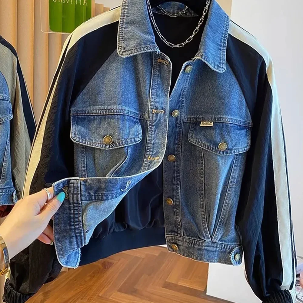 

Fashion denim patchwork coat 2024 new Spring and autumn all-match baseball jacket short top trend long-sleeved casual coat