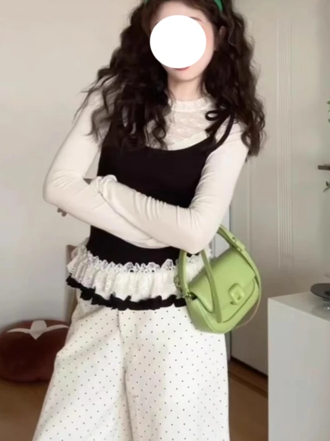 Korean Sle Girl's Lace Hem Fake Two-Piece T-irt Women's Slimming Inner Wear Top Design Sensation Autumn Winter Faion