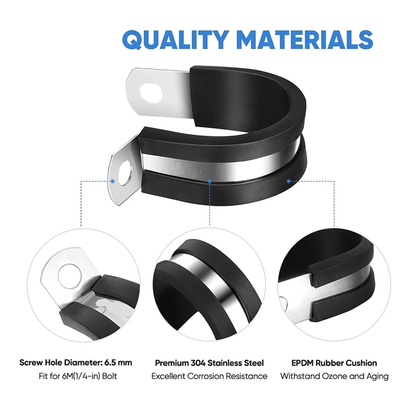 고무 쿠션 304 스테인레스 스틸 호스 루프 파이프 클램프 세트, 케이블 클램프 세트, 6 가지 크기, 42 개