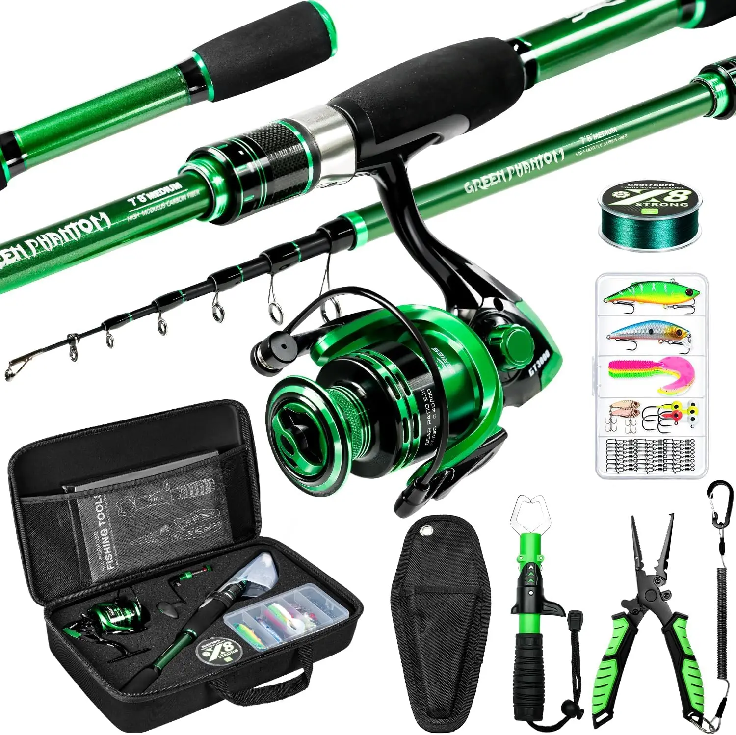 Fishing Rod and Reel Combo, Graphite Telescoping Fishing Pole Collapsible Portable Travel Kit with Carrier Bag for Freshwater Fi