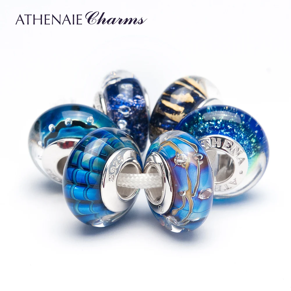 

ATHENAIE 6 pcs Murano Glass Beads 925 Sterling Silver Core Gorgeous Blue Charm Beads Kits Fit Women Bracelets and Necklaces