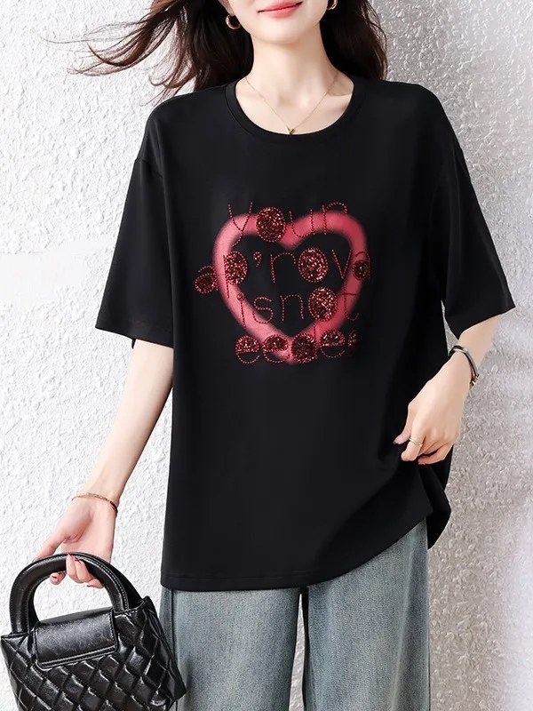 

Сентябрьская повседневная футболка с вышивкой Stray Ink, женская летняя футболка 2025, новый топ средней длины большого размера из хлопка и полиэстера...