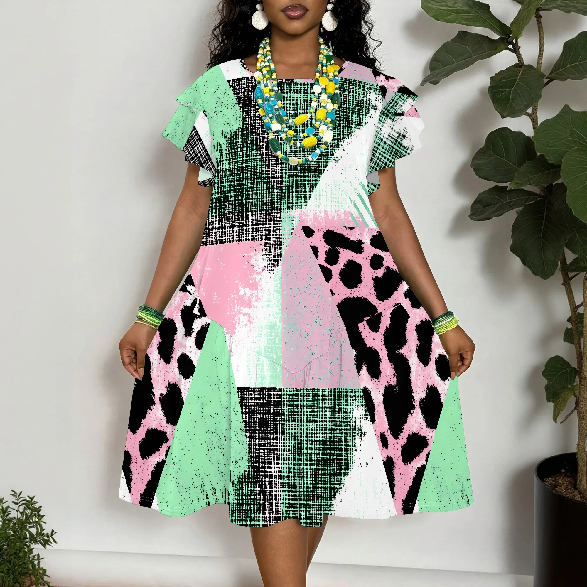 

Colorblock Print Dress, Short Sleeve Leopard Plaid Shift Dress, Summer Casual Beach Wear for Women XL-6XL