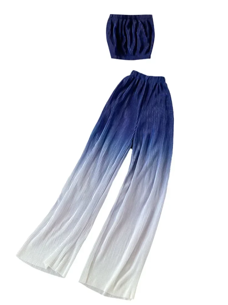 2024 Summer Women's Suit Korean Street Style Gradient Tube Top Short Top + High Waist Wide Leg Pants Female Sets