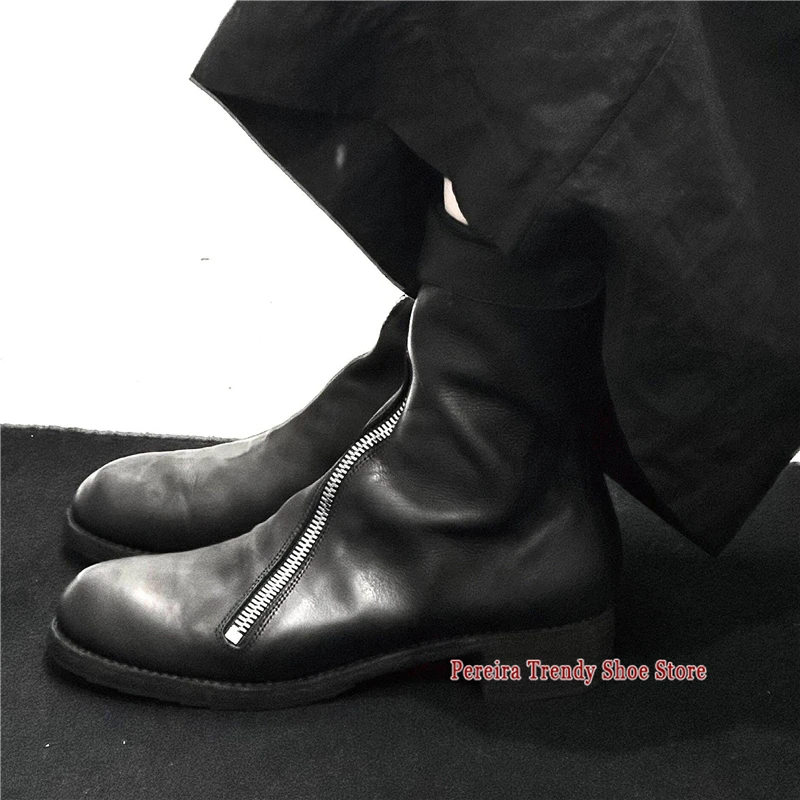 British Style Retro Knight Boots for Men Women Black Leather Round Toe Front Zipper Motorcycle Boots Trendy Couple Casual Shoes