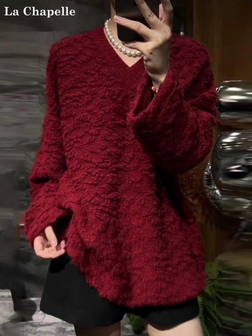 

La Chapelle Women's V-ne Knitwear Red Base Layer Outerwear Spring Autumn Winter Sli Premium Quali Camere Sweater