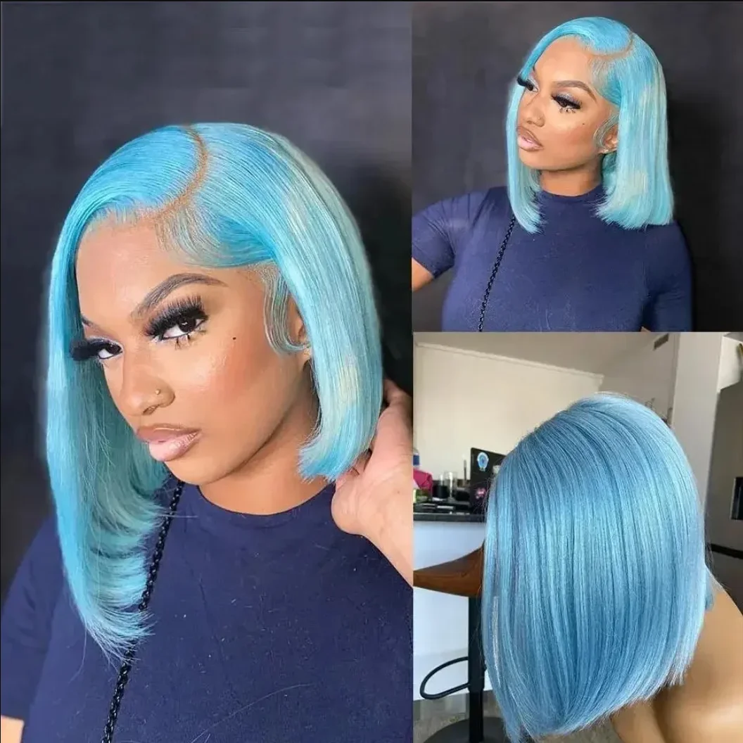 

Turquoise Sky Blue Short Bob 13x4 Lace Frontal Synthetic Wig Glueless Pre Plucked Bleached Knots Heat Resistant Fiber Women
