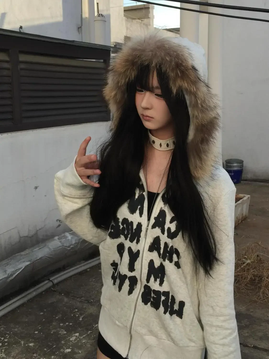 

Y2k Korean retro fur collar hoodie letter pattern zipper hooded sweatshirt women's French thickened silver fox velvet jacket