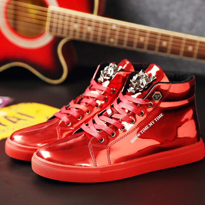 

Spring Classic British Style Men's Shiny Skate Shoes Streetwear Fashion Red Hip-hop High top Sneakers Men Sports Glitter Shoes