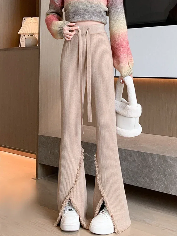 Knitted Bootcut Pants Women Winter High Waist Flare Trousers Female Slit Casual Knitwear Bell Bottoms Korean Streetwear