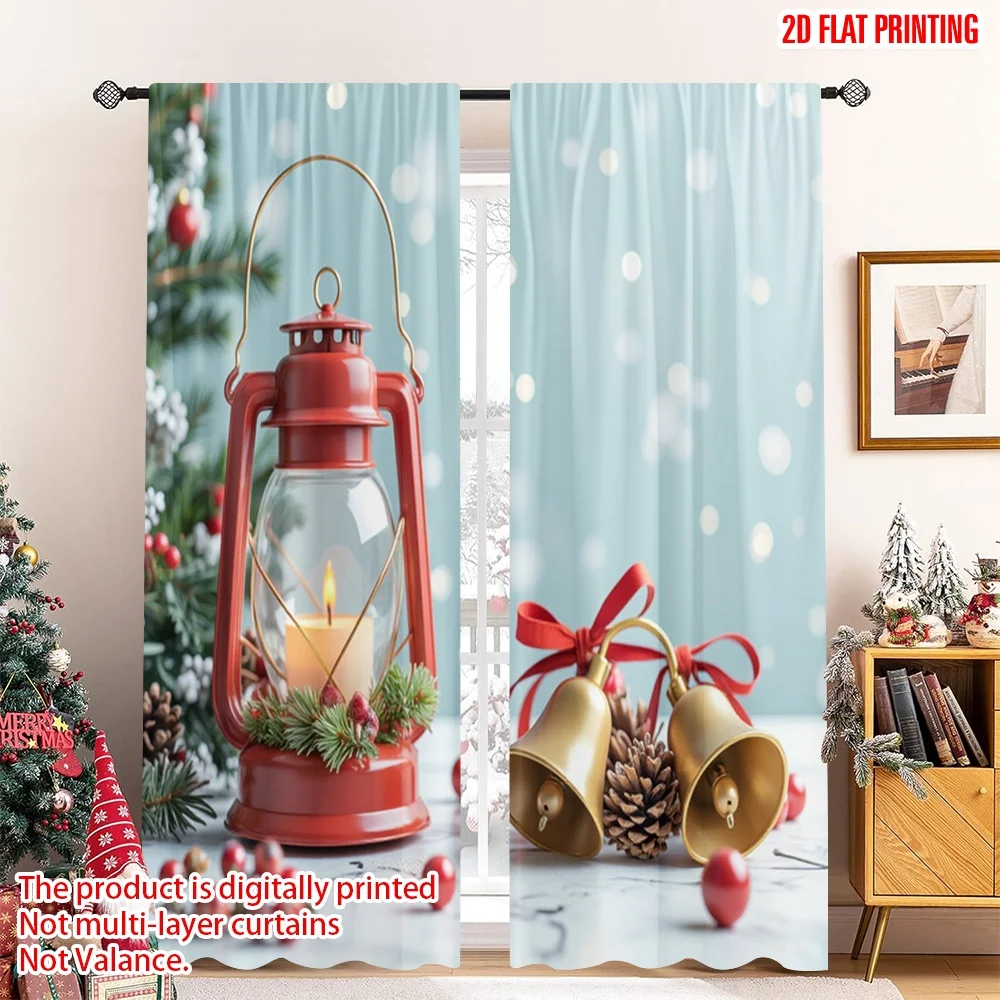 

2pcs 2D flat printing Merry Christmas Curtain Christmas Lantern Bell Polyester Without Electricity Festive Curtains Perfect for
