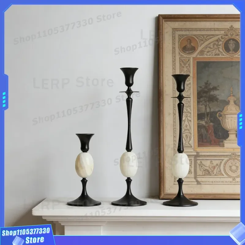 Black Metal Oval Candle Holder Retro Light Luxury Stone Decor for Living Room Entrance TV Cabinet Hotel Sales Department