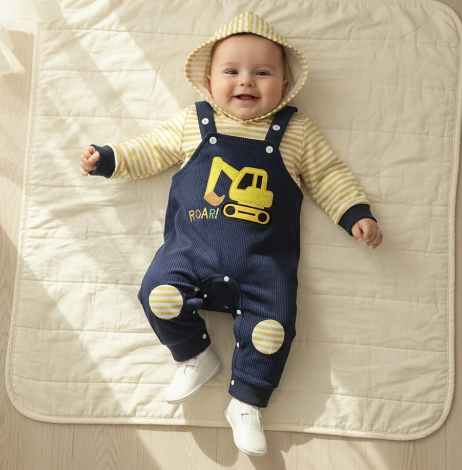 Toddler Baby Boy Spring Fall Outfit Striped Long Sleeve Hoodies T shirt Tops Excavator/Dinosaur Embroidered Overalls 2 Pcs Set