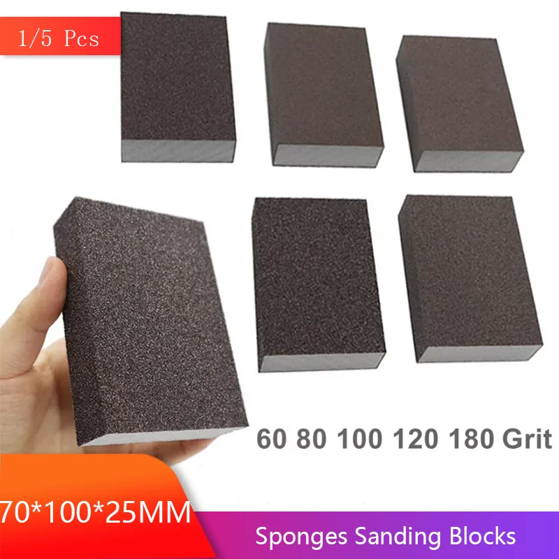 

70*100*25MM Sponge Sanding Block 1/5Pcs 60-180 Grit Assorted Coarse/Medium/Fine for Grinding Drywall Wood Metal Furniture