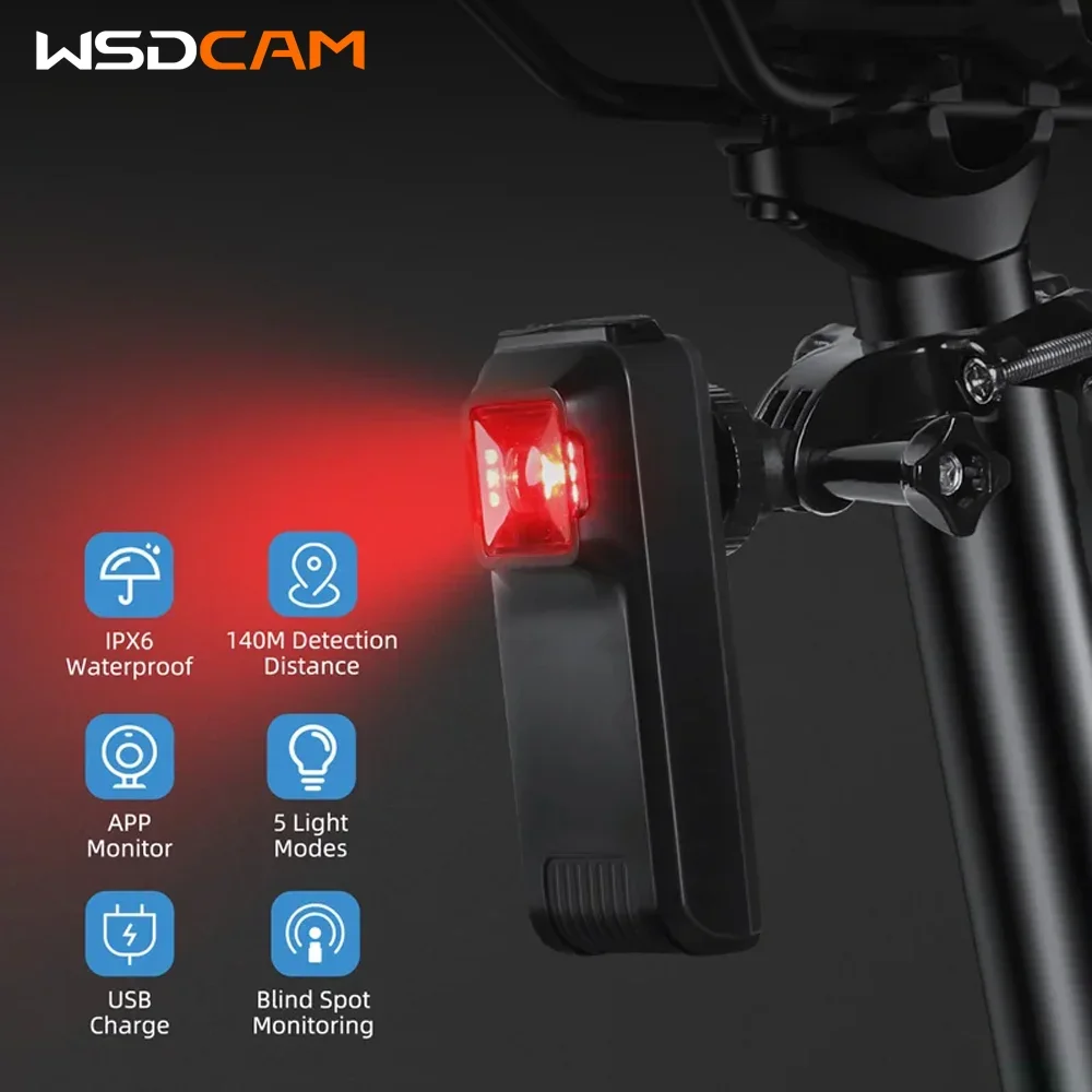 Wsdcam W100 دراجة الرؤية الخلفية الرادار الدراجات الذيل ضوء الفرامل الاستشعار مصباح مقاوم للماء 4 طرق الإضاءة الحماية الأمنية
