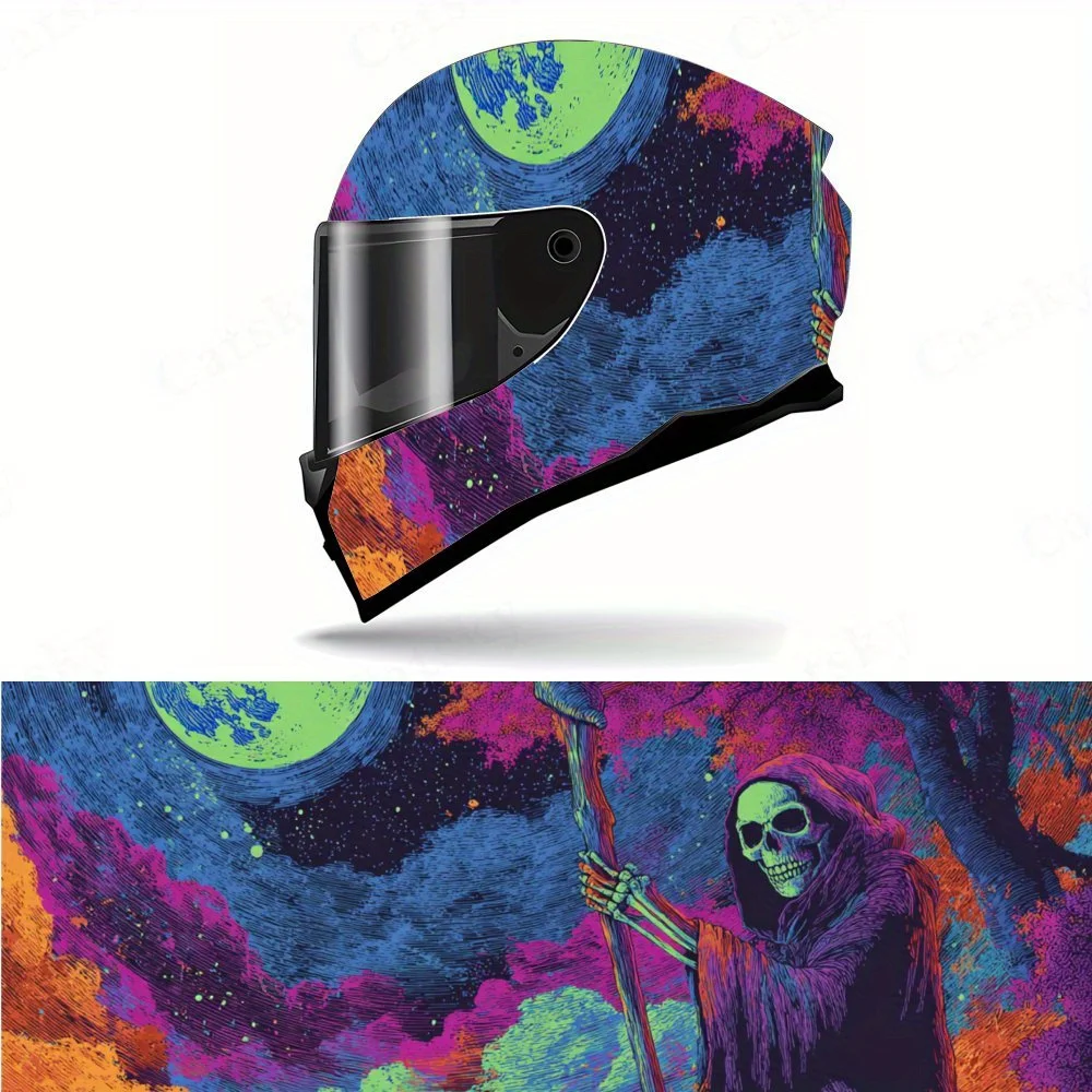 

Psychedelic color reaper and green moon motorcycle vinyl wraps helmet decal,self-adhesive waterproof helmet decoration,universal
