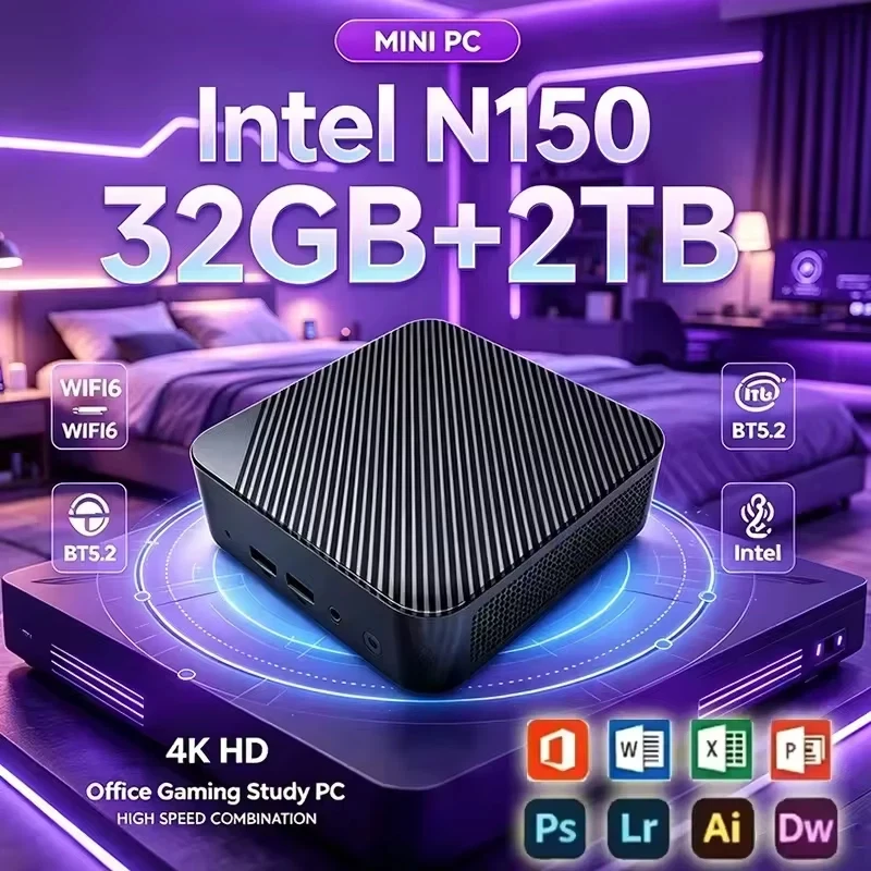 コンパクト多機能ミニpc-インテルn150-32gbメモリ-大容量ストレージ-4k-wifi6-bt52-ホームオフィス-ゲーミング-小型デスクトップコンピュータ