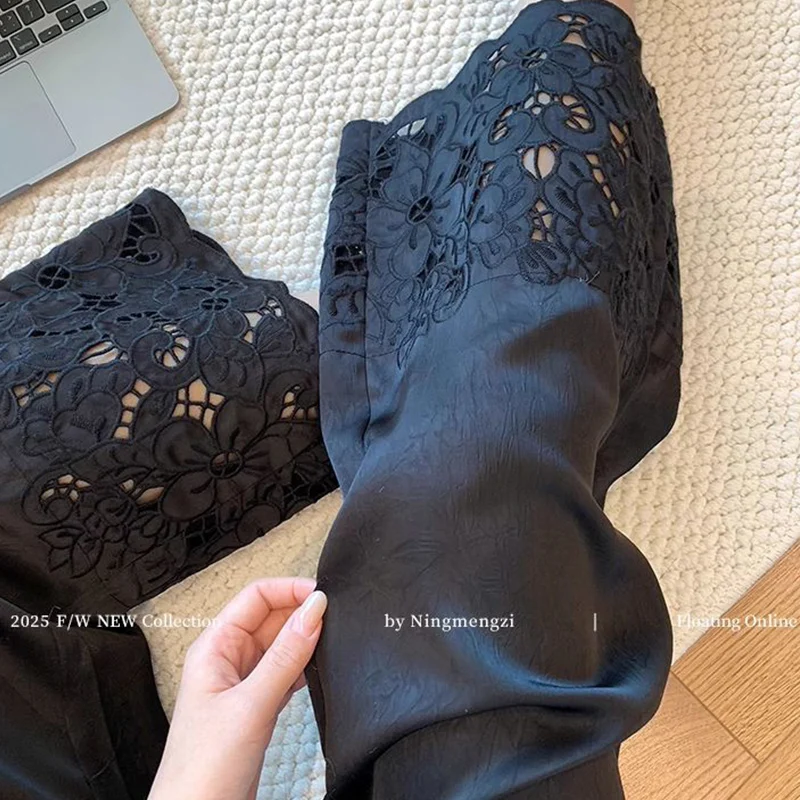 Ladies Office Lady Simplicity Lace Patchwork Black Elastic Waist Straight Summer Chinese Style Hollow Out Slim Wide Leg Pants