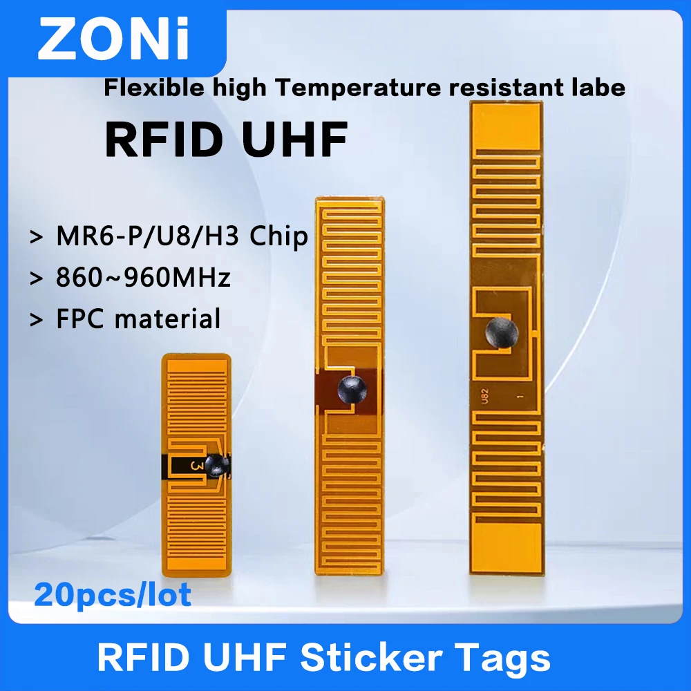 20pcs RFID UHF Tag Flexible High Temperature Resistant FPC Material Label 18000-6C 860-960MHz Electronic Tag High Quality