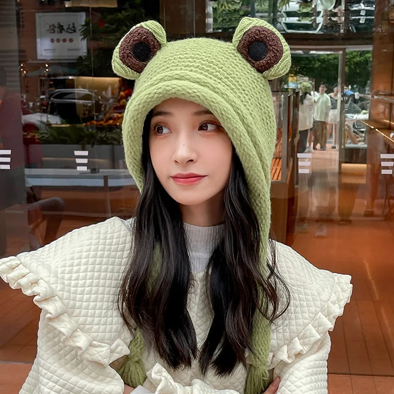 

Korean Solid Color Cartoon Frog Knitted Hat Winter Warm Hat Skullies Cap Beanie Hat For Women Girls Cute Thickened Cap