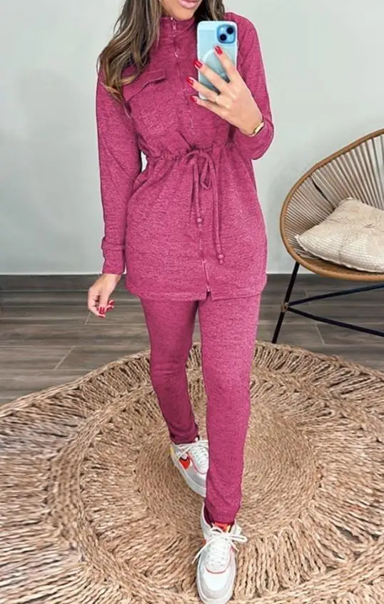 

2 Pieces Outfit Long Sleeve Waist Drawstring Pockets Design Coat and Casual Slim Fit Pants Set