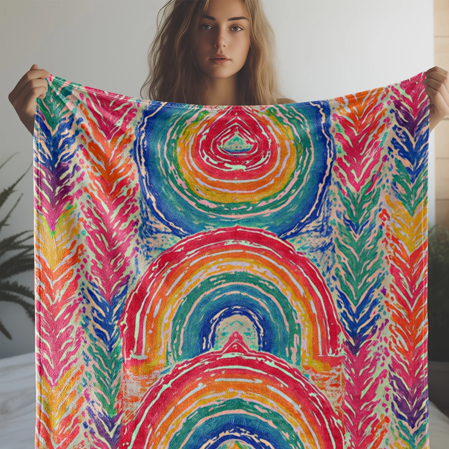 1pc Zeal Lily Flannel Blanket - Rainbow Pattern with Multicolor Pastel Hues, Soft Warm All-Season Throw for Bed, Sofa, Travel