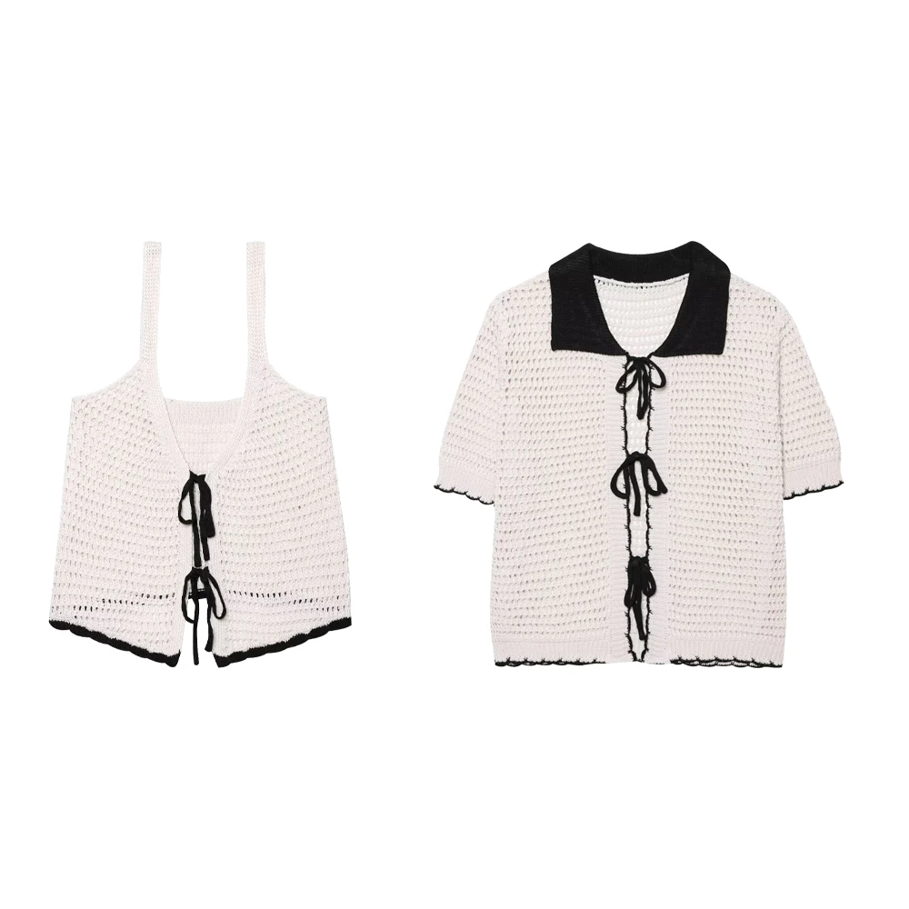 

women's fashionable crochet cardigan with bow decoration and crochet style summer new top two-piece set