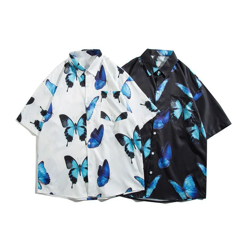 

Men's Short Sleeved Floral Shirt Beach Vacation Butterfly Plants Lapel Shirts Thai Tourist Couple Casual Loose Summer Thin Tops