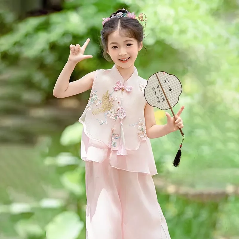 伝統的な中国風ノースリーブツーピースセット-女の子用-夏の新作-通気性のある涼感のある植物柄花柄