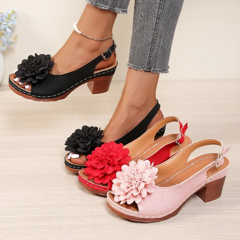 2026 Neue Elegante Vielseitige Hochhackige Sandalen für Draußen Modische Blumen Bequeme Atmungsaktive Damenschuhe