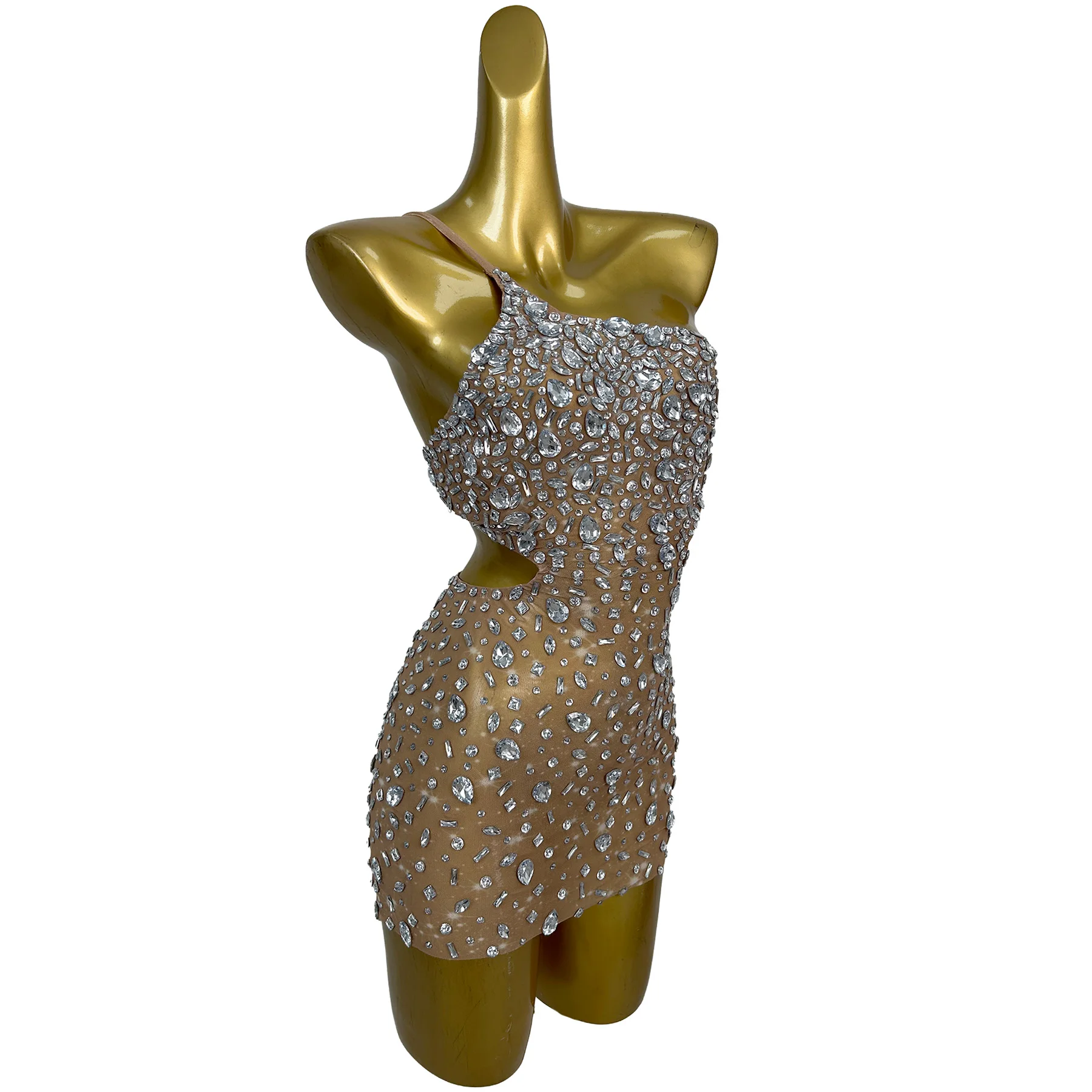 Xiaoxingshan Sparkly Oversized Silver Rhinestone Bodycon Mini Dress One Shoulder Nude Mesh Nightclub Performance Costume