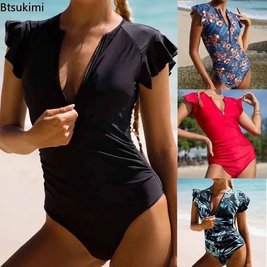 

2024 Summer One-Piece Swimsuit Women Conservative Print Ruffles Half Pack Beachwear for Women Zipper Bathing Suits Bikini Sets