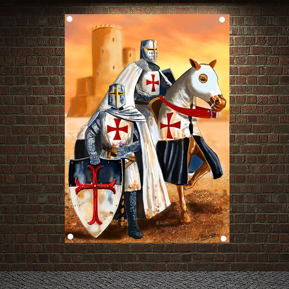 Knights Templar Battle Flag Banners Ancient Art of War Medieval Warriors Poster Canvas Painting Vintage Wall Hanging Tapestry M6