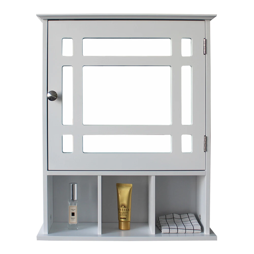 Wall-Mounted Bathroom Cabinet with Mirror Door Gray Wooden Storage Unit with Open Shelving