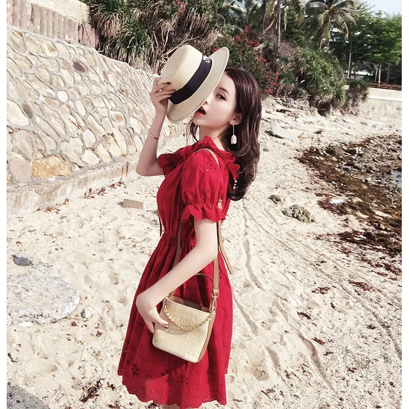 MISHOW Vintage Dresses Women Summer Fashion Puff Short Sleeve Mini Red Hollow Out Casual Beach Vacation Dress Female MX18B1240