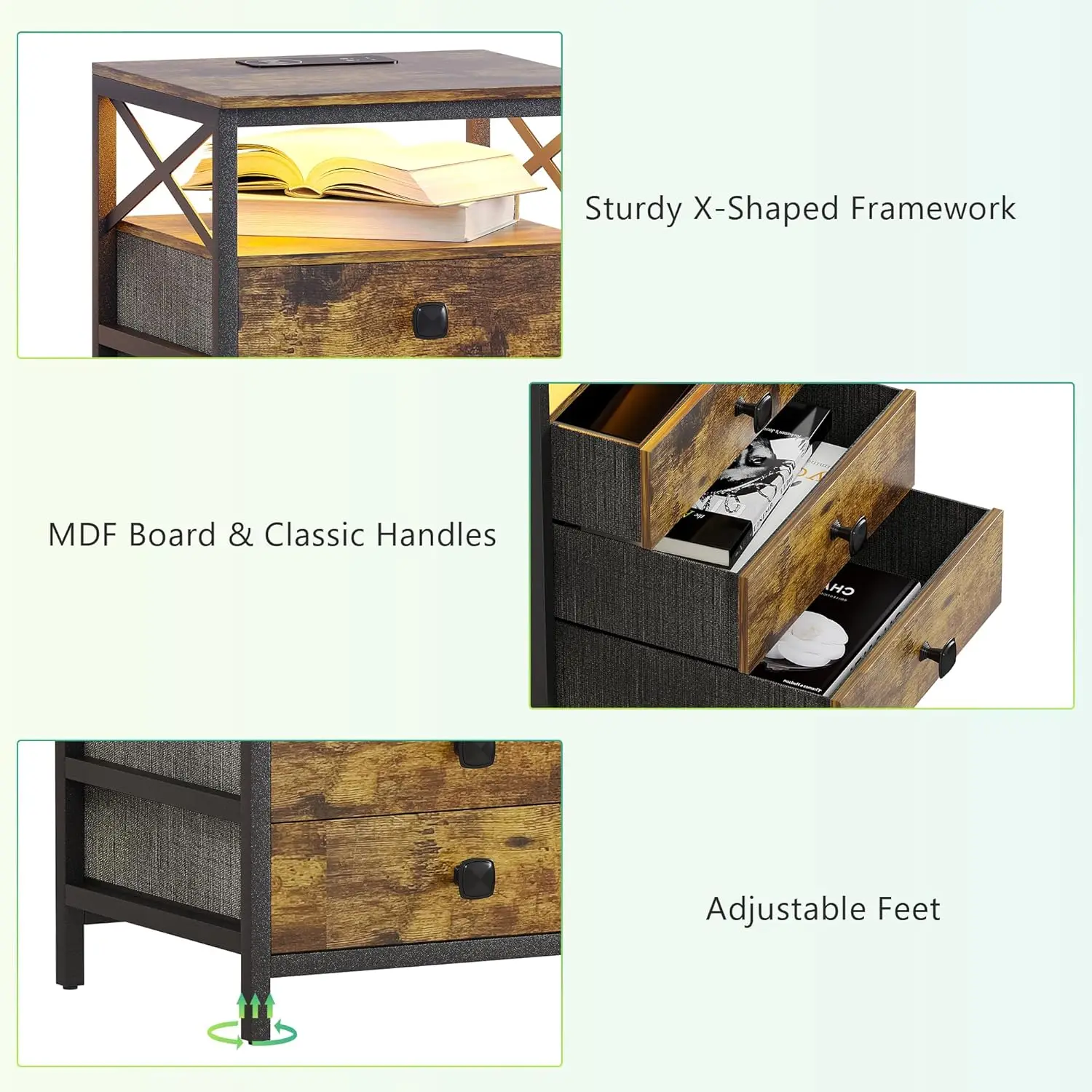 Lvifur-LED Nightstand com estação de carregamento sem fio Mesas laterais de madeira, 3 gavetas de tecido, mesa final para sala de estar, cama