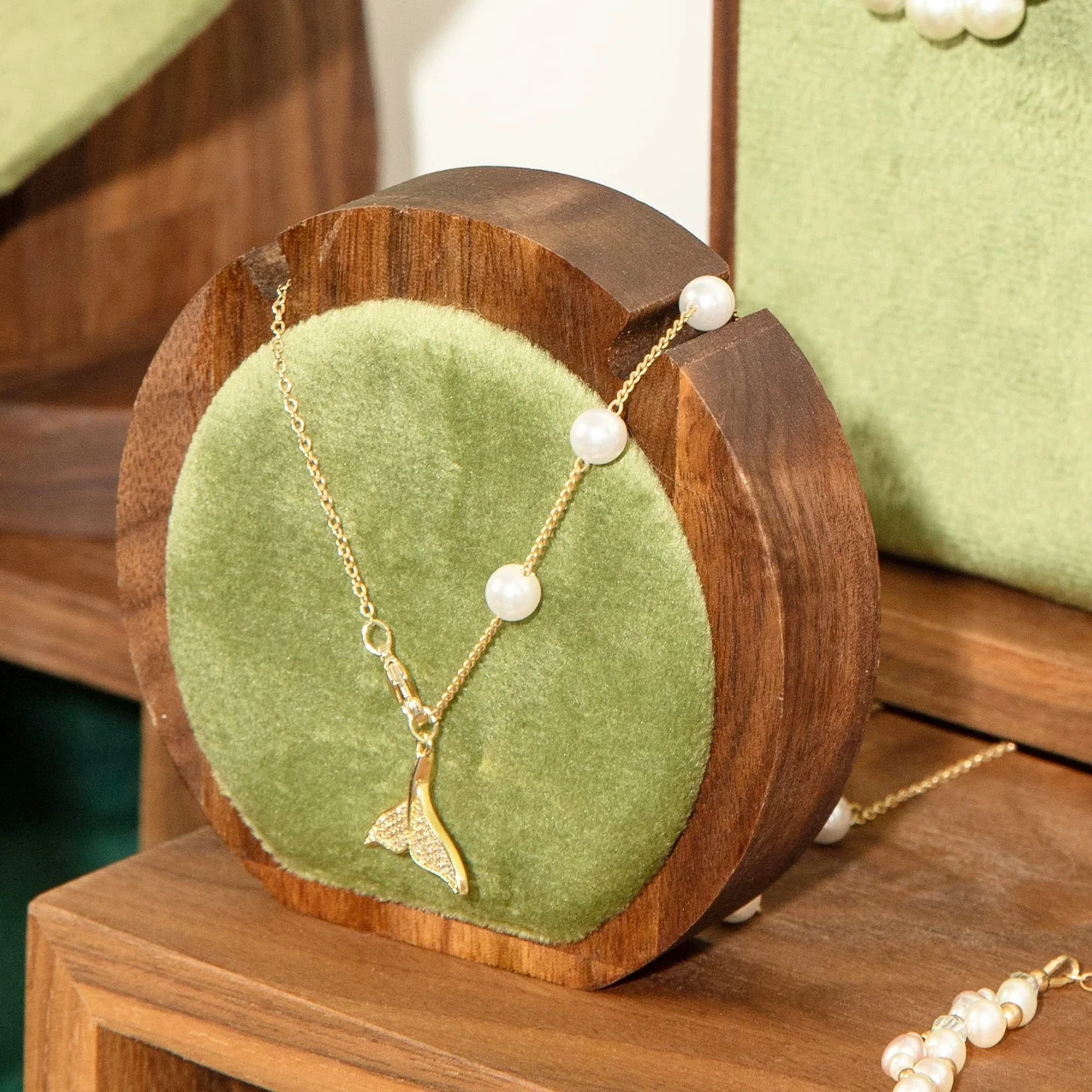 Wooden Round Necklace Display Stand Velvet Collar Bust for Jewelry Store Walnut Color Mint Green Vintage Window Prop