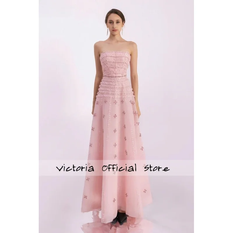 

Strapless Prom Dresses Crystal Beading Sleeveless Zipper Back Formal Evening Dress A-Line Floor-Length Customized Gowns