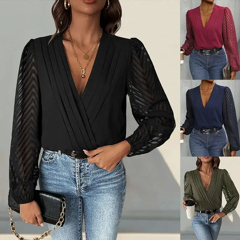 

Versatile Color V-Ne Pleated Lace See-tough Long Sve Jumpsuit Women's Faion Summer Thin Waist ort Pants