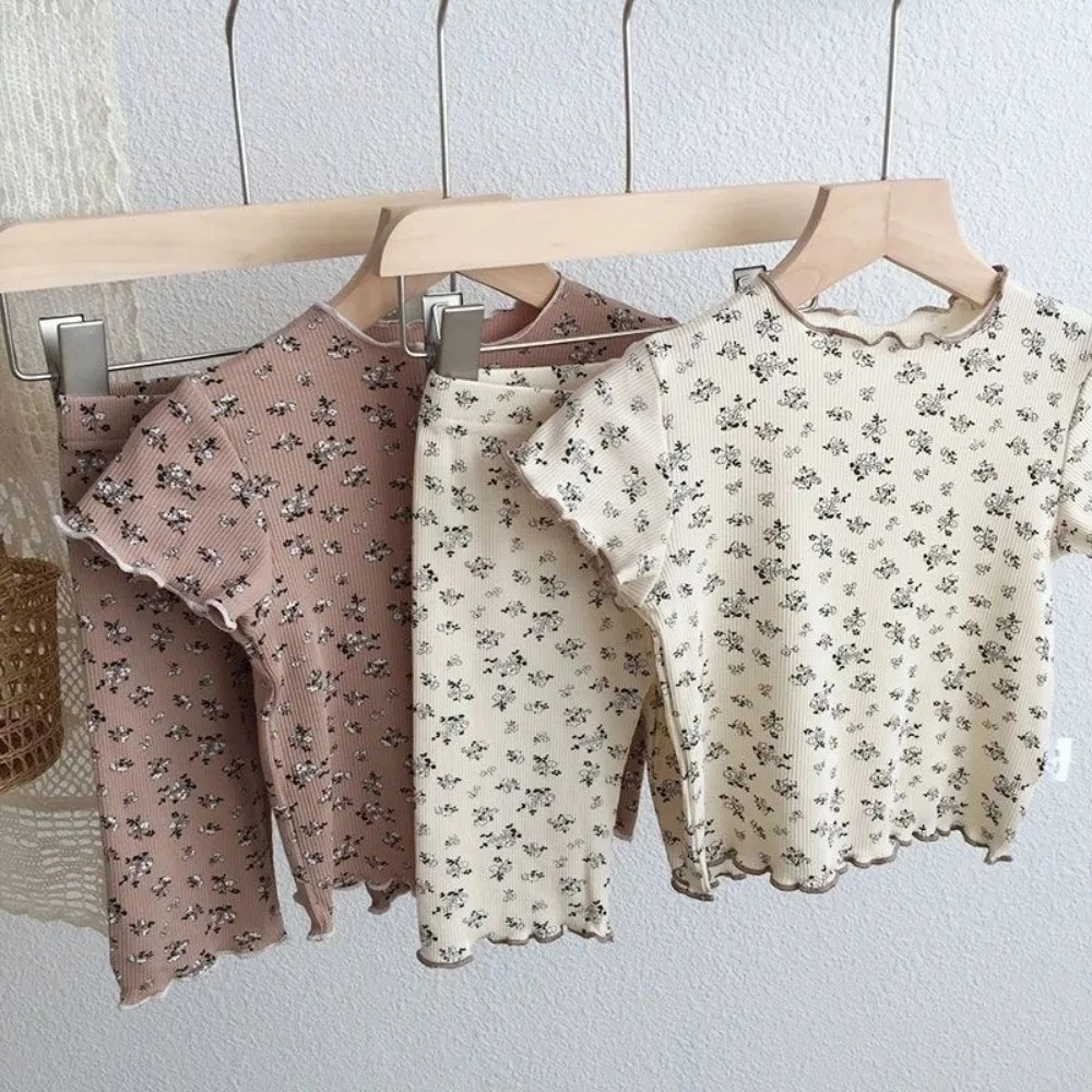 1-6Y Girls' Summer Clothes Set T-shirt Children's New Korean Small Floral Baby Ruffled Edge Short Sleeve Thin Knitted Tops+ Pant