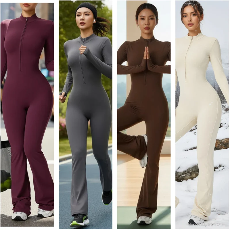 VITALINOVO Damen-Overall mit langen Ärmeln, Flare-Workout-Overall, Reißverschluss, Strampler, Hose, weites Bein, Ganzkörper-Body, figurbetont, einteilig – Detail 15