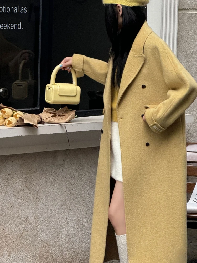 مكتب سيدة السترات الصوفية 2025 الخريف والشتاء دعوى طوق مزدوجة الصدر فضفاضة معطف طويل المرأة 100% الصوف معاطف أبلى #3