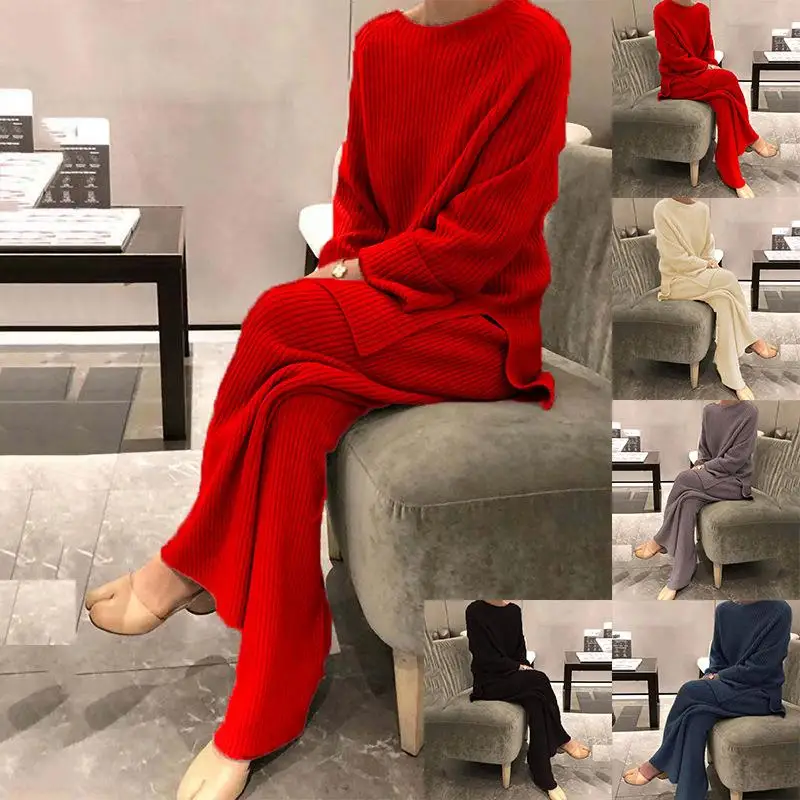

Women's Long Sleeve Knitted Sweater Set Casual Style Pure Color T-Shirt And Pants Autumn Fashion Three-Piece Suit ZD220