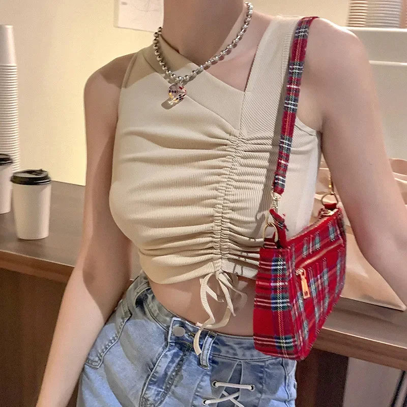 

2024 Irregular Neckline Drawstring Sleeveless Top Short Navel Bare Casual Camisole Women's Wrinkle Bandage Summer Streetwear