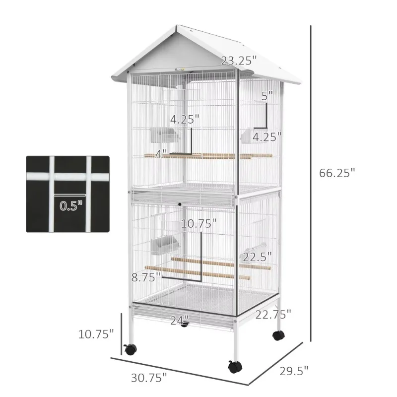 White high forged metal birdcage feeder with rolling stand, perch rack, food container, wheel door, bird supplies