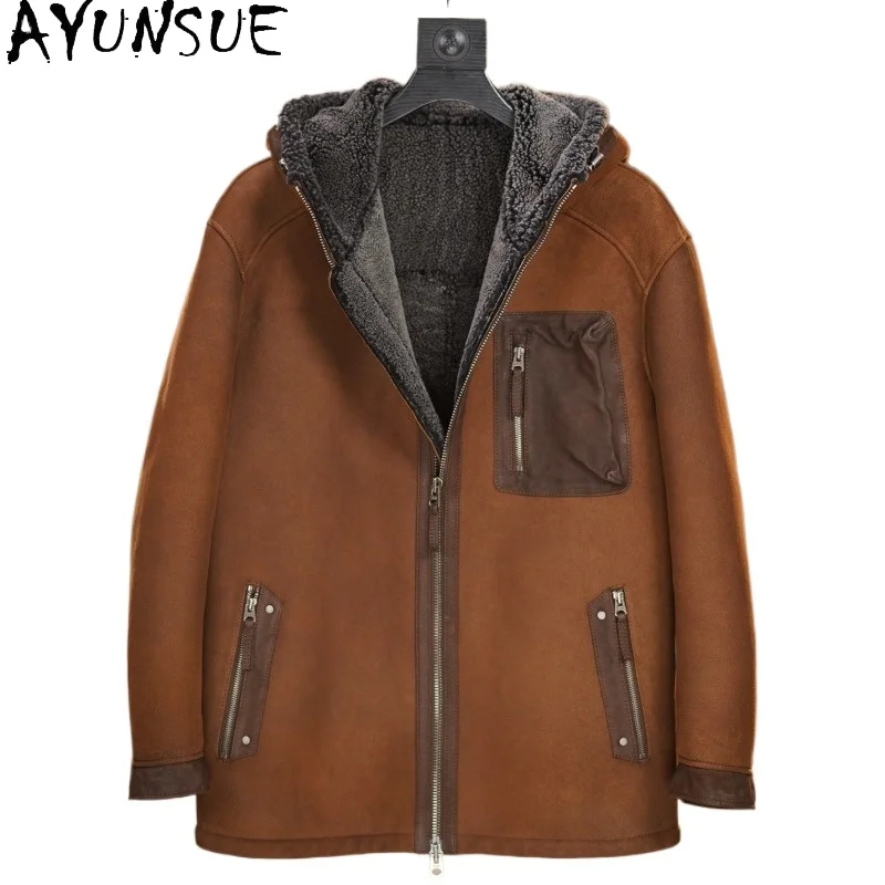 AYUNSUE Original Oil Wax Washed Sheepskin Shearling Coat Men Thick Hood Winter Mid-length Real Fur Jacket Warm Leather Fur Coats