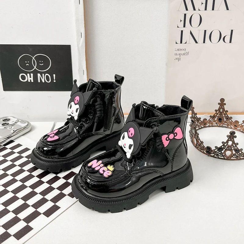 Cute Kuromi Girls Shoes Sanrio Kawaii Anime Children Ankle Boots Winter Sweet Cartoon Martin Boots Lovely Leather Boots Kid Gift