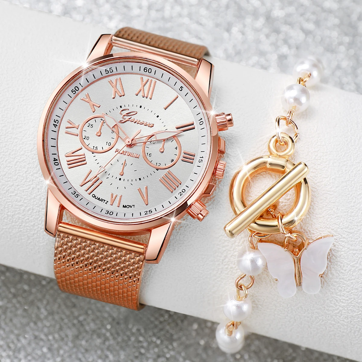 2PCS/Set Women\'s Watch Fashion Plastic Band Analog Quartz Watch Pearls Butterfly Bracelet Set